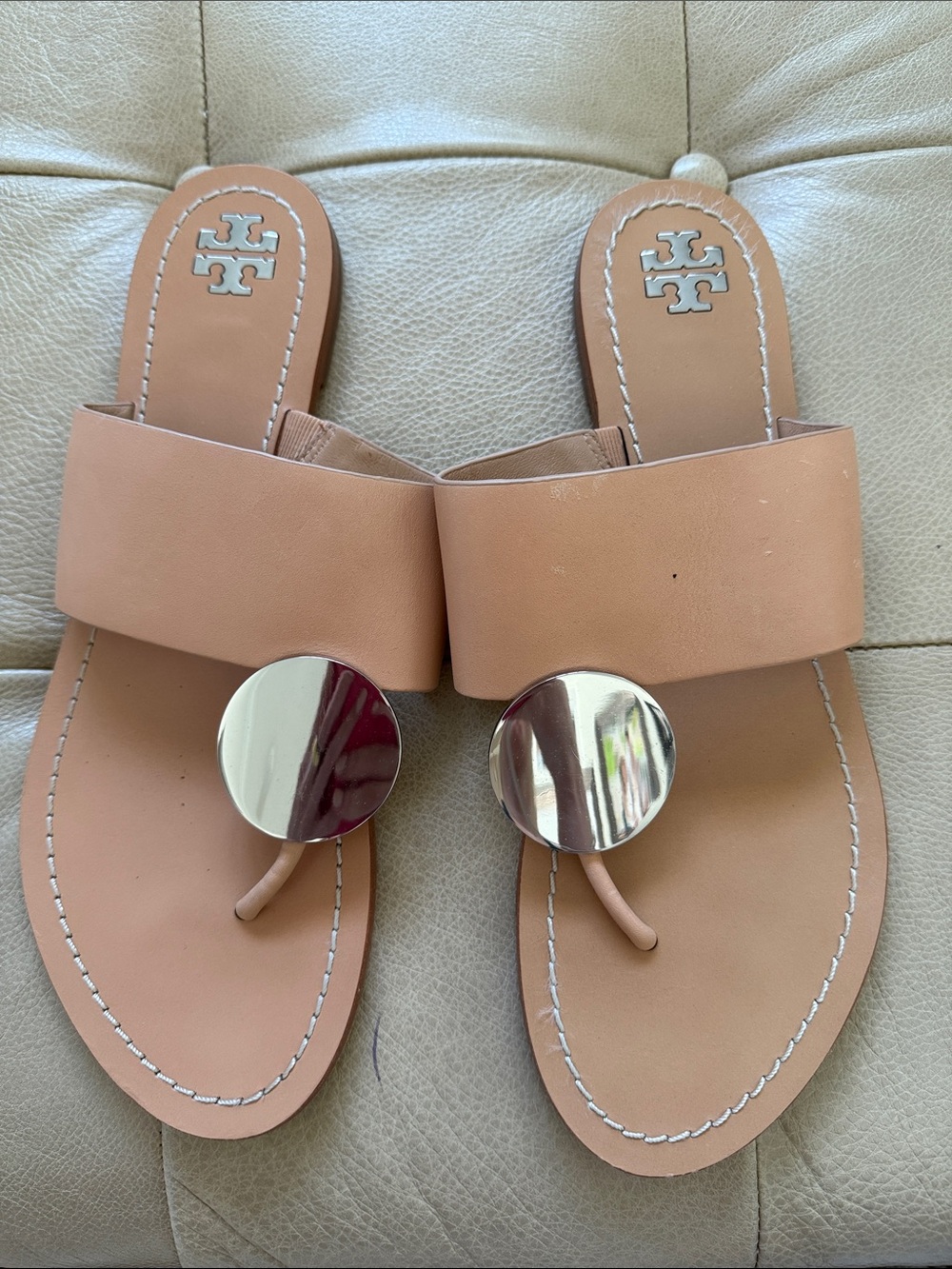 Tory Burch Nude Tan Leather Slide Sandals with Silver Discs